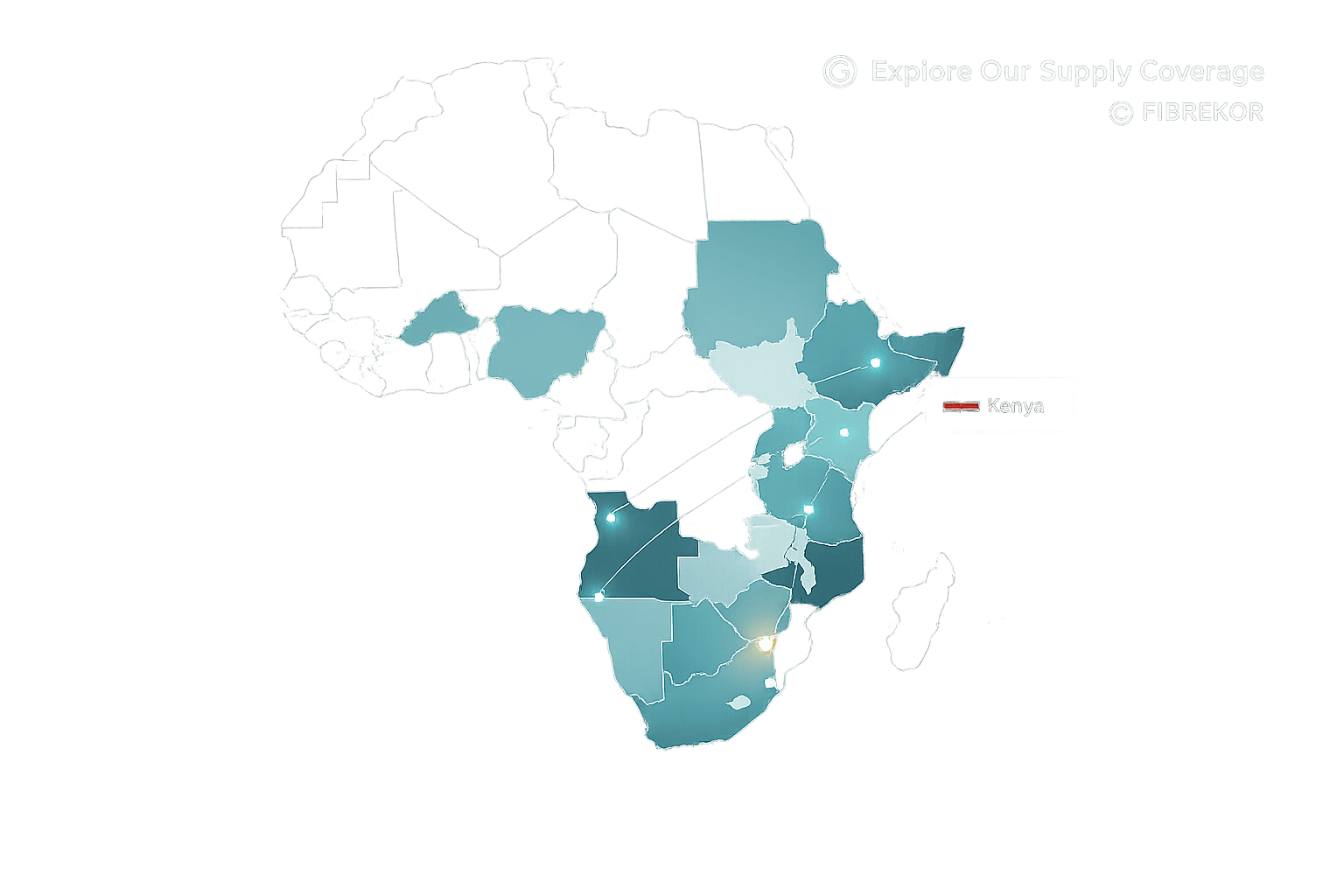 Map of Africa showing Fibrekor supply coverage across South Africa, Namibia, DRC, Kenya and Nigeria