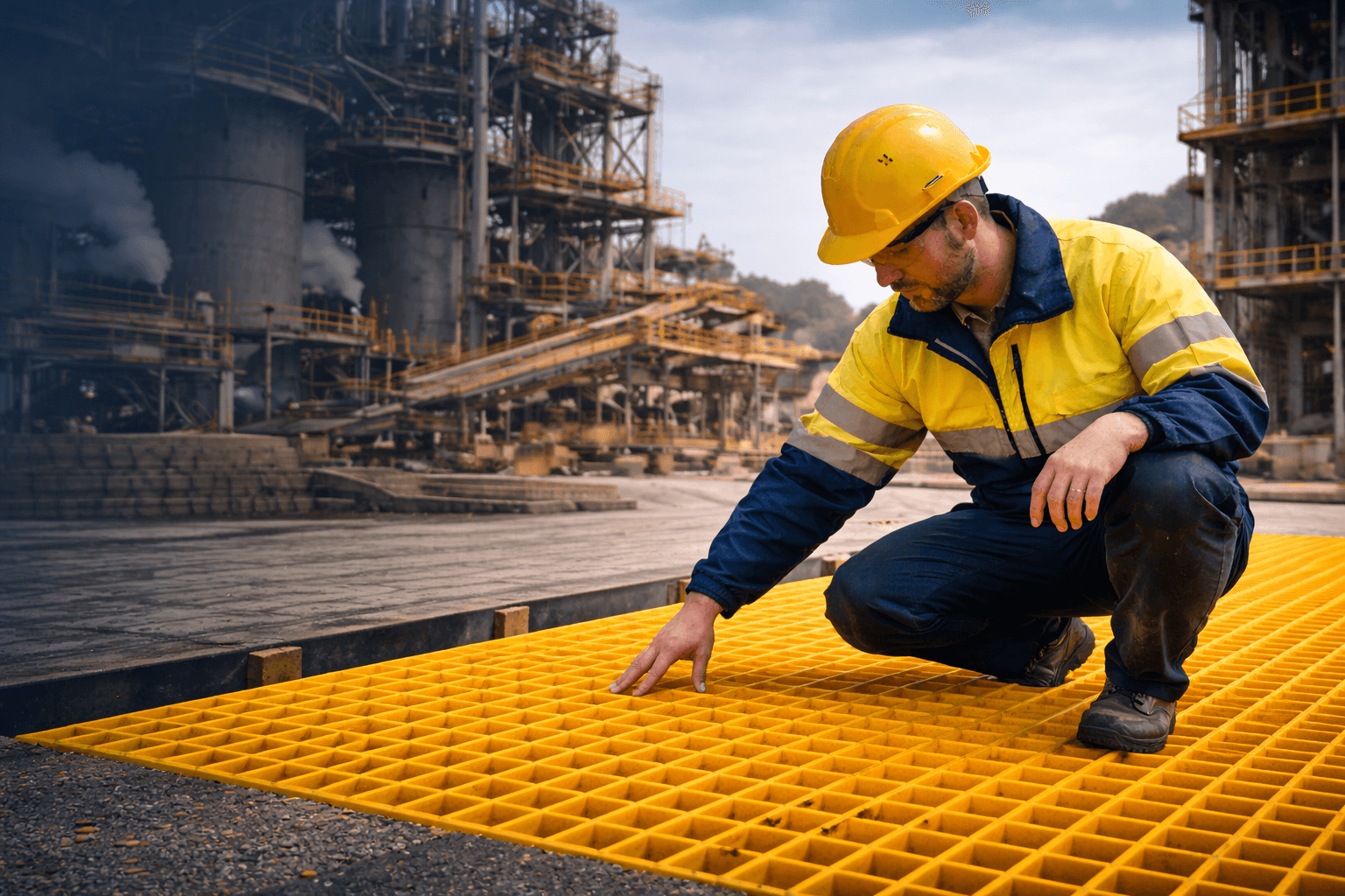 Worker inspecting yellow FRP fibreglass grating at an industrial facility